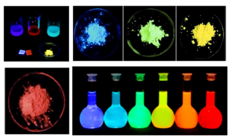 Photos of different samples glowing under UV light