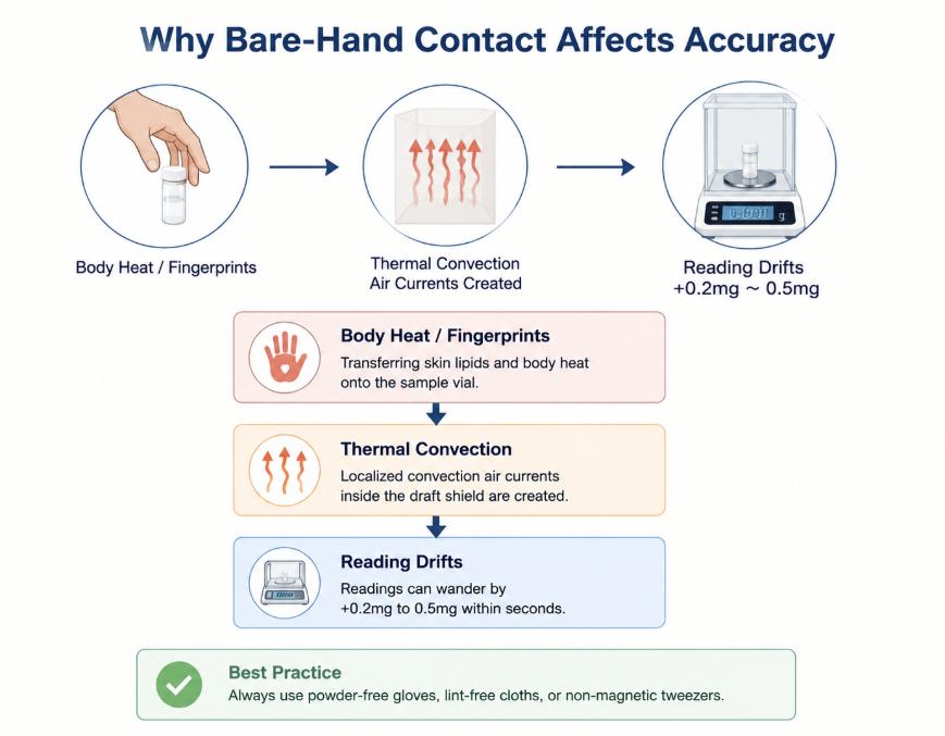 Never touch weighing containers with your bare hands