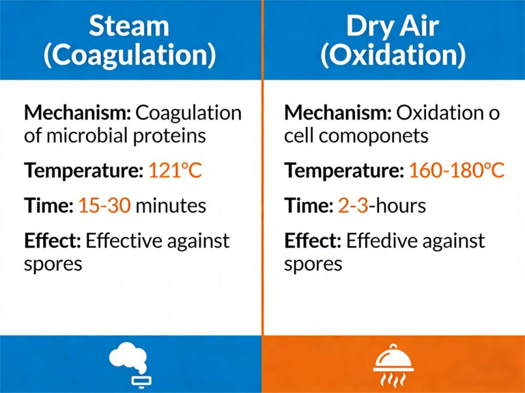 sterilization mechanism comparison moist vs dry heat