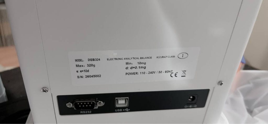 nameplate of DEB Electronic Analytical Balance 0.1mg