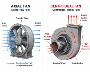 Axial vs centrifugal fan airflow direction and impeller structure comparison
