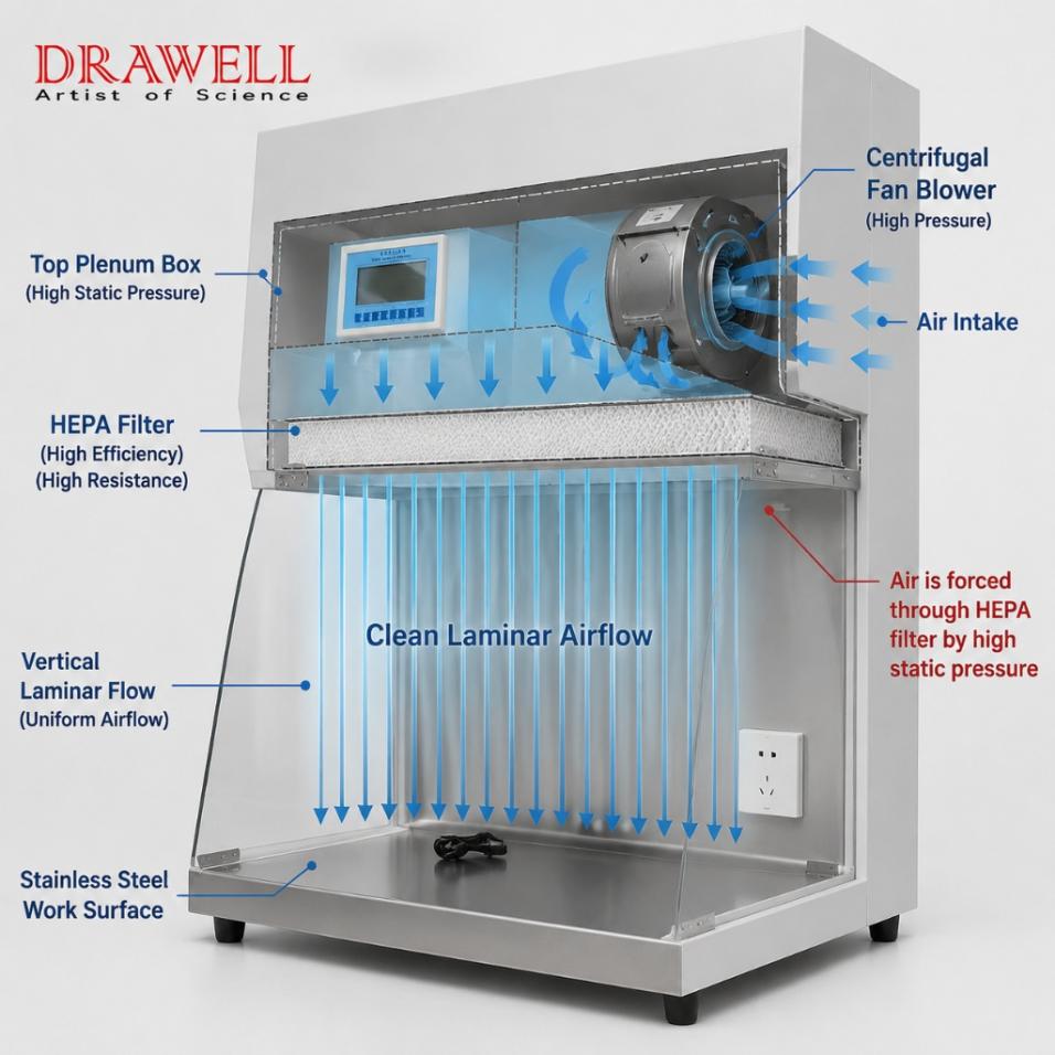 Centrifugal fan application overcoming HEPA filter resistance in laboratory