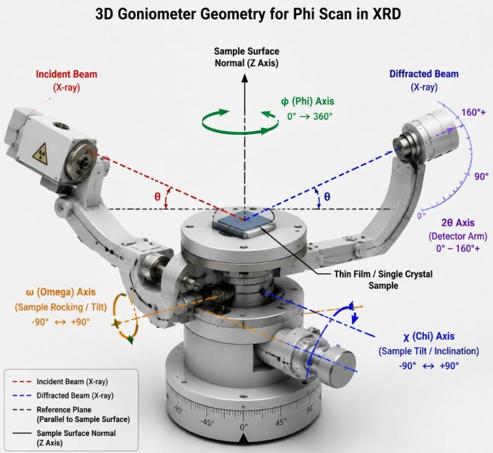 Diffractometer geometry for phi scan in xrd