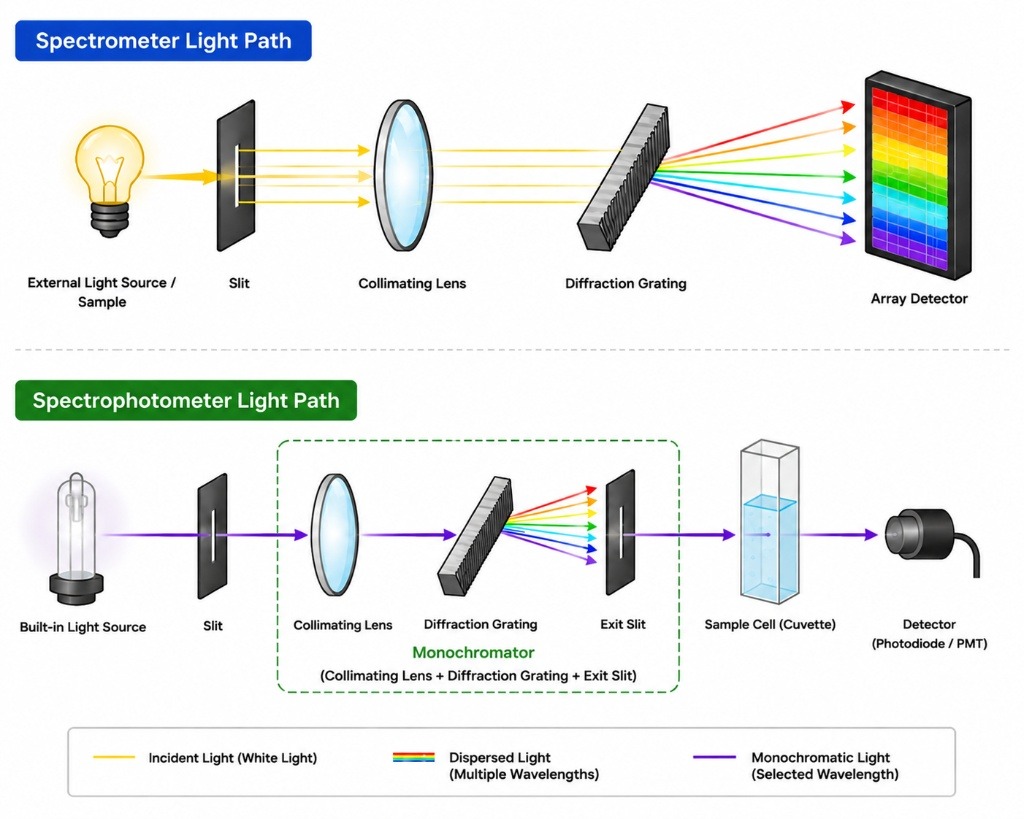 Optical light path diagram for spectrometer vs spectrophotometer