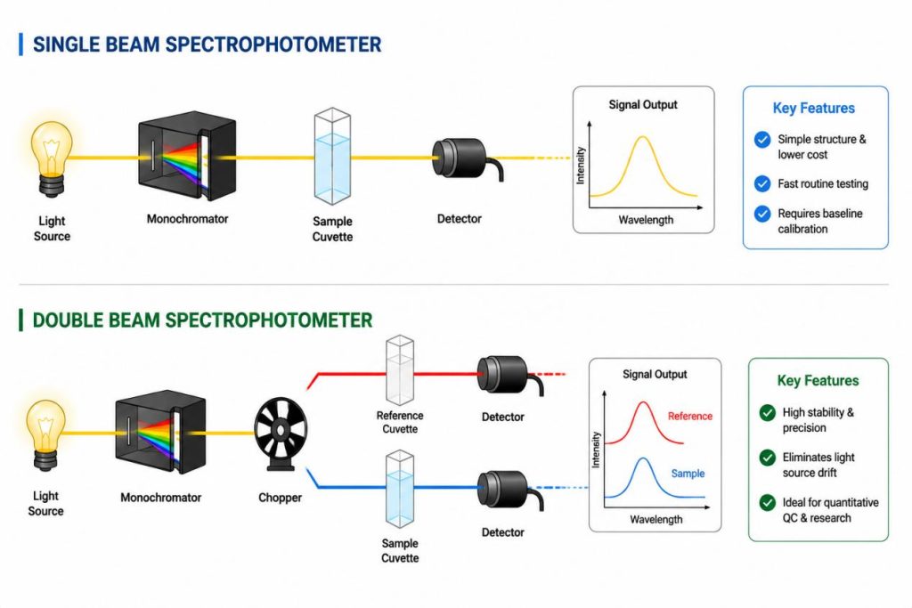 Single beam vs double beam spectrophotometer optical design