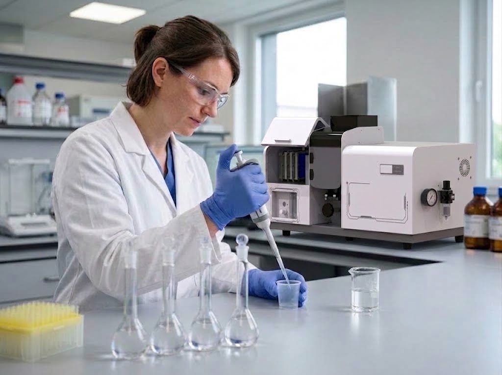 AAS standard solution preparation with single channel pipette and volumetric flasks