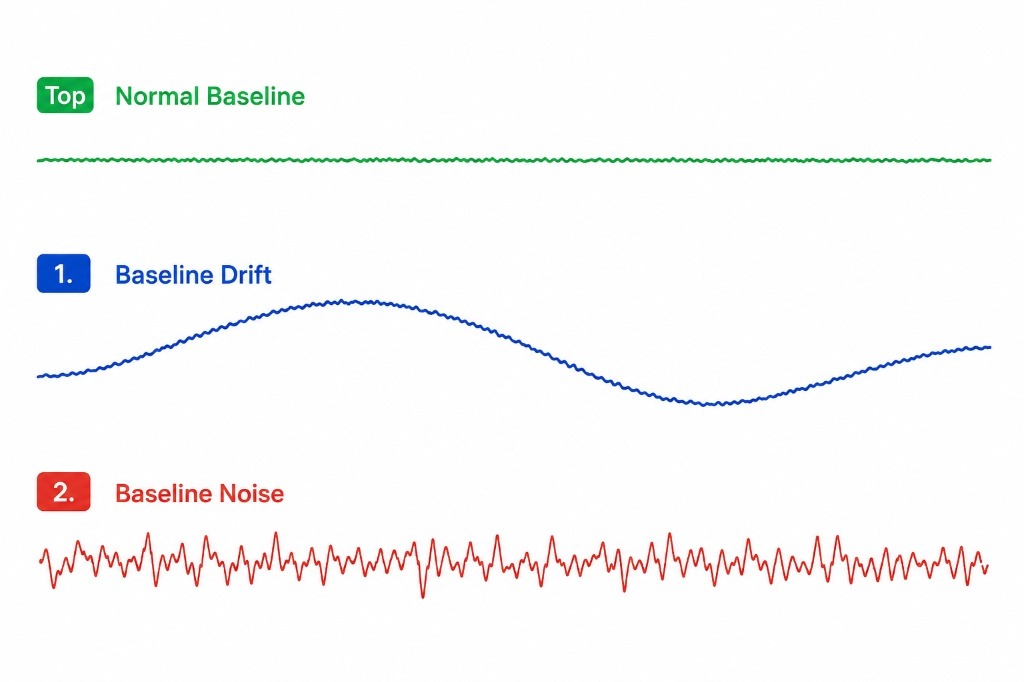 Comparison of normal HPLC baseline drift and noisy baseline patterns