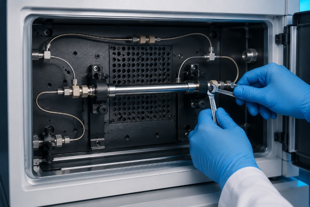 Flushing HPLC column and guard column to prevent baseline drift