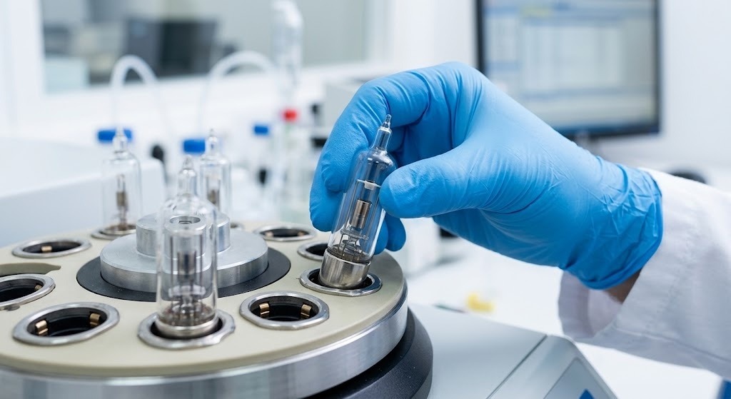 Installing hollow cathode lamp HCL into atomic absorption spectrophotometer lamp turret