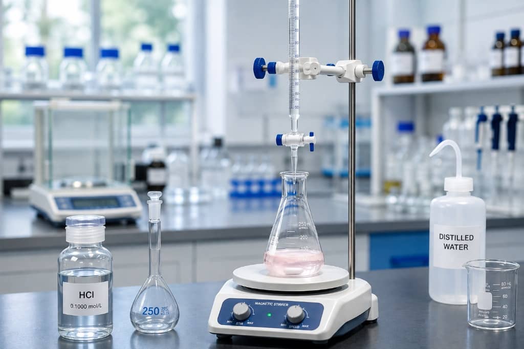 Proper manual titration setup in laboratory preventing titration errors