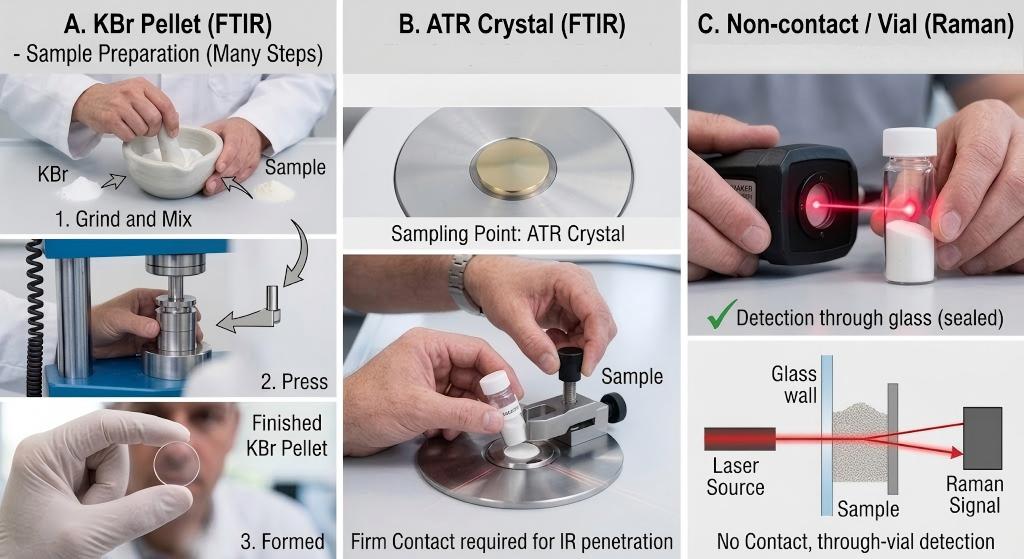 Sample preparation comparison between FTIR ATR method and non contact Raman spectroscopy