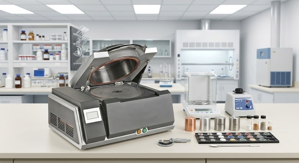 Desktop EDXRF spectrometer with xrf standards in a lab