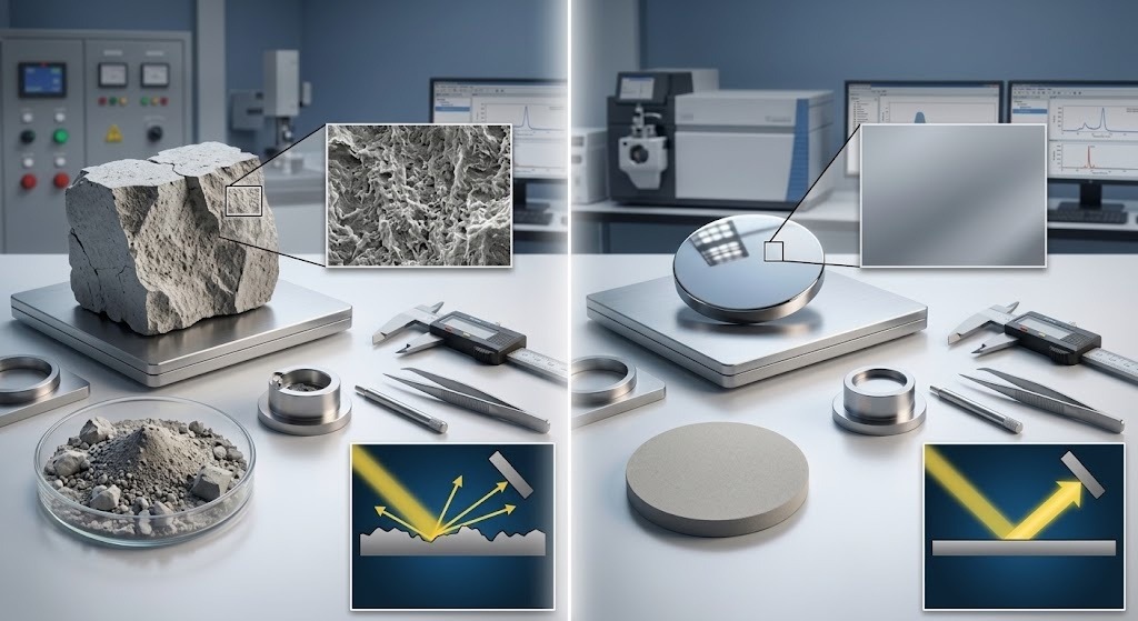 XRF sample preparation showing smooth pressed pellet vs rough surface sample